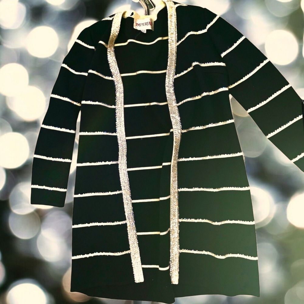 Imperial Thick Smooth Wool Knit Duster Sweater Stripes Sequins 16‎
